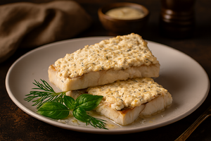 Рыба на пару (хек) под сметанным соусом, 100г